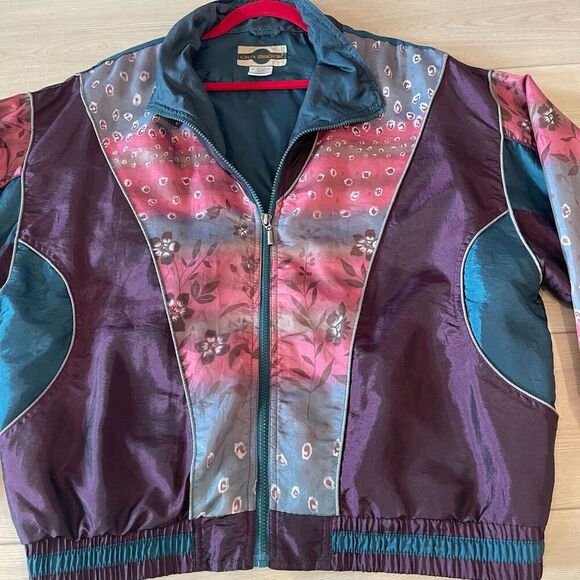 VTG 90's Windbreaker Bomber Jacket Womans L Colorblock Geometric Zip Hip Hop - Picture 3 of 7